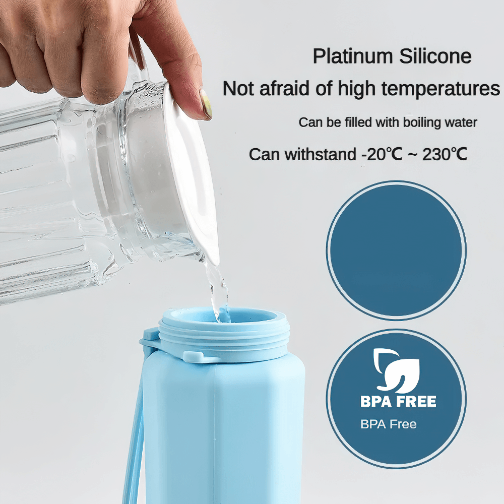 Pouring water into Portable Collapsible Bottle for Travel and Gym - SF3490, made from BPA-free silicone, withstands high temperatures